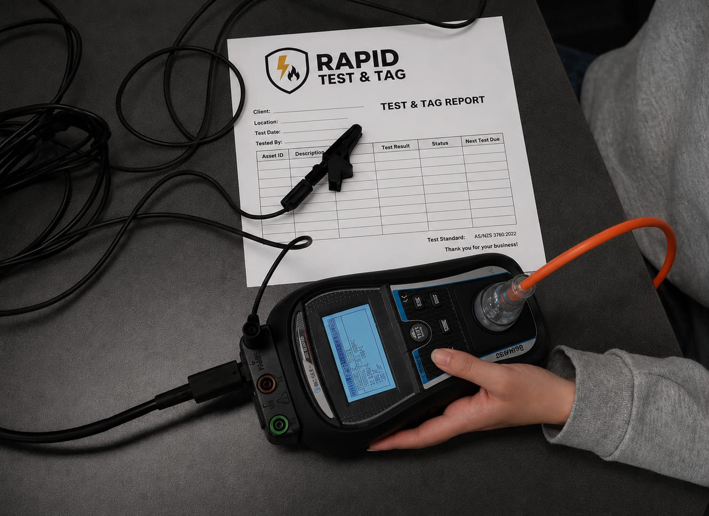 Portable appliance tester in use alongside a Rapid Test & Tag compliance report, tested to AS/NZS 3760