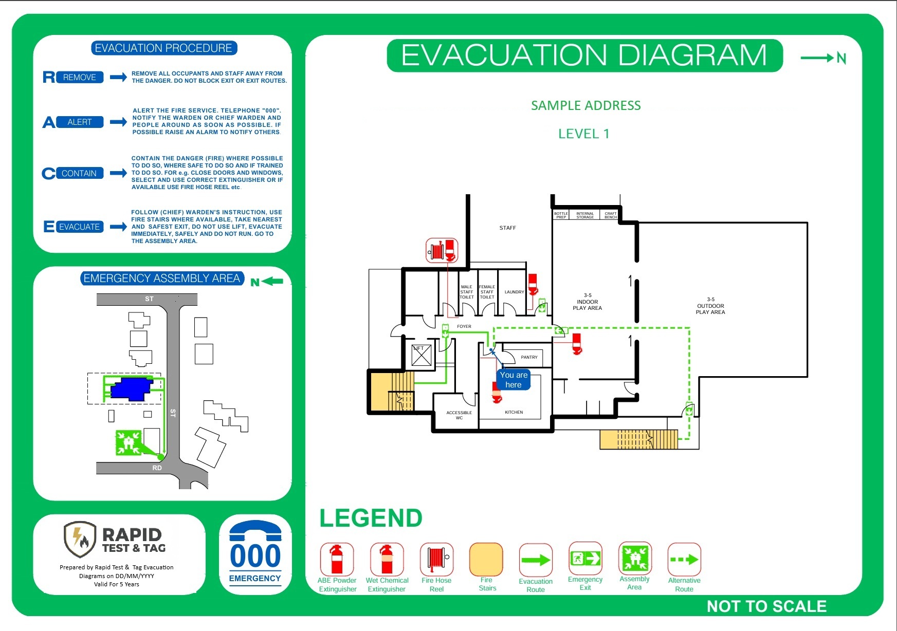 Sample AS 3745 evacuation diagram with You Are Here marker, exits in green and fire equipment in red